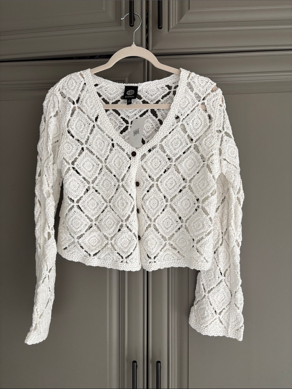 bobeau White Crochet Openwork Button Cardigan